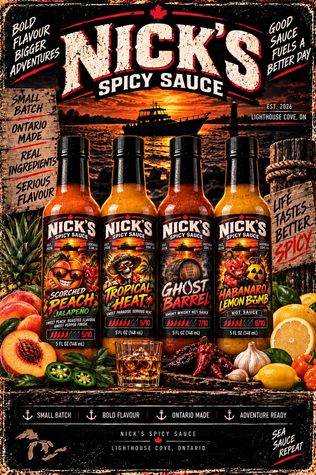 Nick’s Spicy Sauce poster showing four bottles: Scorched Peach Jalapeño, Tropical Heat, Ghost Barrel and Habanero Lemon Bomb