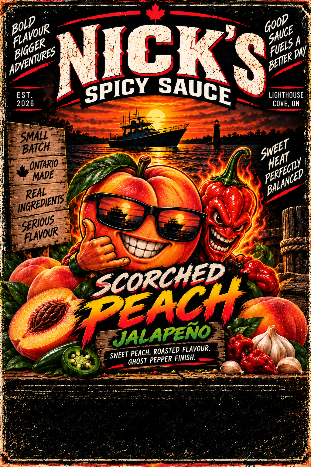 Scorched Peach Jalapeño artwork with a smiling peach, ghost pepper and Great Lakes sunset