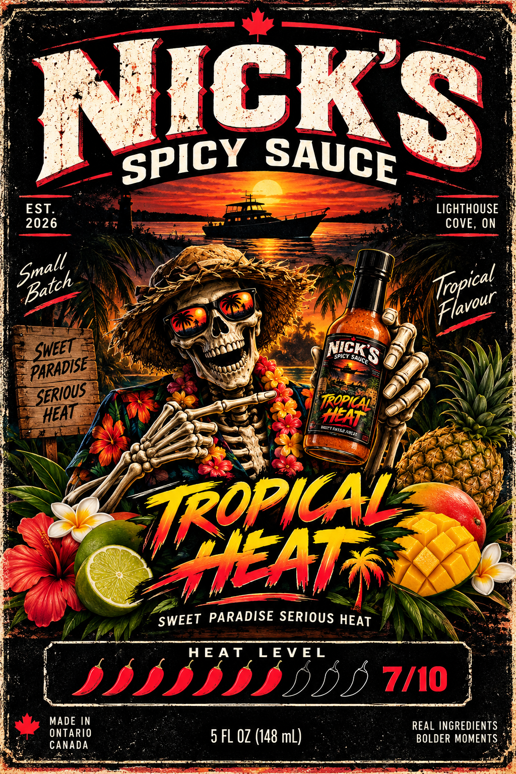Tropical Heat artwork with a tropical skeleton and fruit